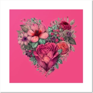 Hot Pink Floral Heart Posters and Art